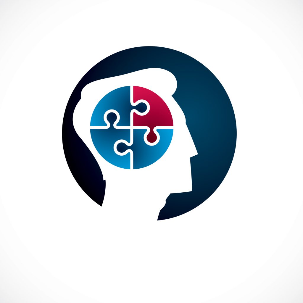 Mental health and psychology conceptual icon created with man face profile and jigsaw puzzle, psychoanalysis and psychotherapy of human mind concept. Vector simple classic design.